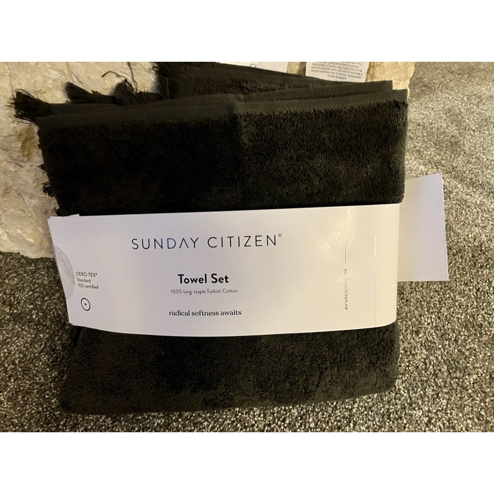 NEW Sunday Citizen Set Of 2 Hand Towels Dark Charcoal Gray Volcano Fringe Hem